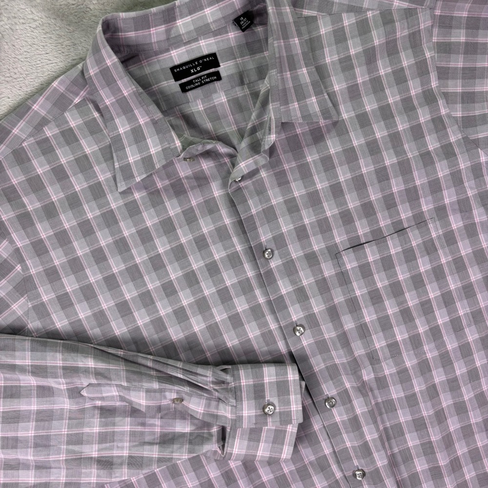 Shaquille‎ O'Neal Men's Button Down Shirt XLG Tall Fit Gray Plaid Long Sleeve